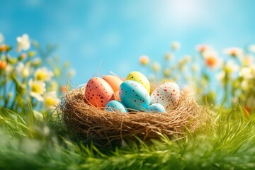 Nest with easter eggs in grass on a sunny spring day - Easter decoration, banner, panorama, background | Generative AI 