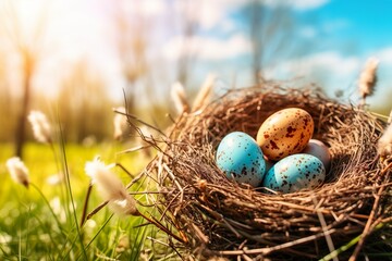 Obraz premium Nest with easter eggs in grass on a sunny spring day - Easter decoration, banner, panorama, background | Generative AI 