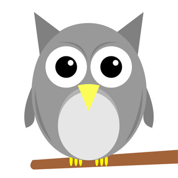 Vector of a cute gray owl on a branch isolated on a white background