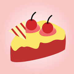 Piece of cake with cherries isolated on a pink background.
