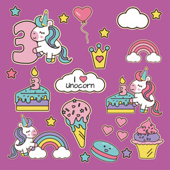 bc64Cute magical unicorn birthday stickers with cake. 10+ stickers. Vector illustration. Ready to print
