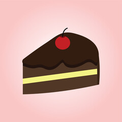 Piece of chocolate cake with a cherry isolated on a pink background.