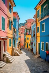 Fototapeta na wymiar Coastal town with multicolored facades, generative ai
