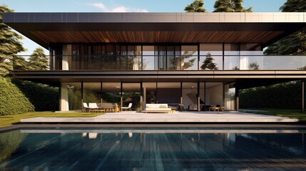 Obraz premium Sleek and contemporary villa in Milan or the Italian Riviera, boasting minimalist design, floor - to - ceiling windows, and seamless indoor - outdoor living spaces