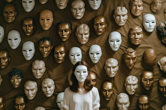 Faceless woman with mask collection, generative ai