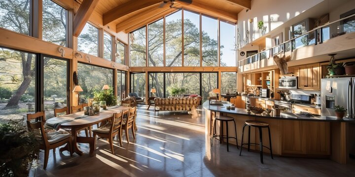 Luxury wooden house with an open plan kitchen, generative ai