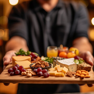 Man holding tray of cheese, fruits and nuts, generative AI