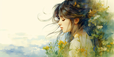 Naklejka premium Watercolor young woman with flowers portrait art. Colorful creative watercolor illustration. Generative Ai
