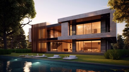 Obraz premium Sleek and contemporary villa in Milan or the Italian Riviera, boasting minimalist design, floor - to - ceiling windows, and seamless indoor - outdoor living spaces