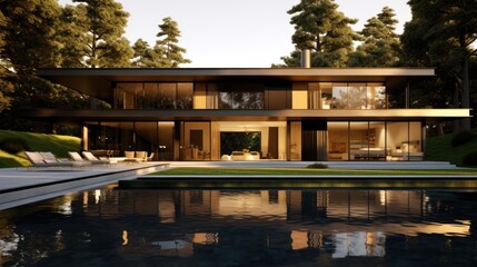 Obraz premium Sleek and contemporary villa in Milan or the Italian Riviera, boasting minimalist design, floor - to - ceiling windows, and seamless indoor - outdoor living spaces