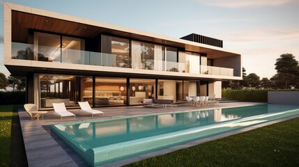 Fototapeta premium Sleek and contemporary villa in Milan or the Italian Riviera, boasting minimalist design, floor - to - ceiling windows, and seamless indoor - outdoor living spaces