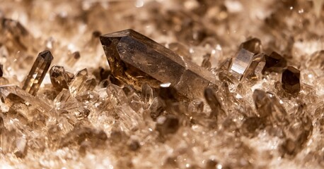 Closeup of a smashed pile of brown crystals, smoky quartz