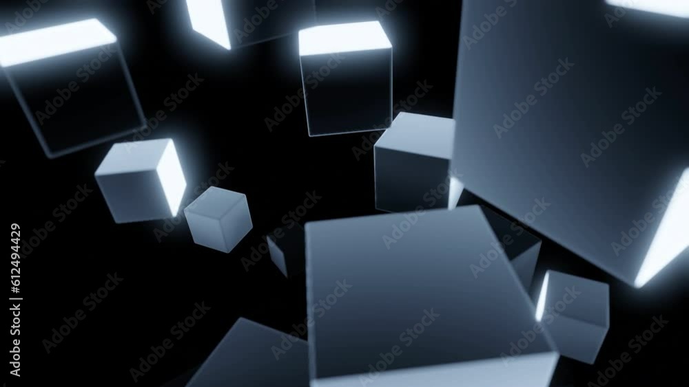 Poster 3d cubes rotate in air. design. glowing 3d cubes move in space on black background. cubes rotate in 