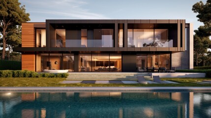 Fototapeta premium Sleek and contemporary villa in Milan or the Italian Riviera, boasting minimalist design, floor - to - ceiling windows, and seamless indoor - outdoor living spaces