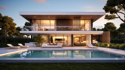 Fototapeta premium Sleek and contemporary villa in Milan or the Italian Riviera, boasting minimalist design, floor - to - ceiling windows, and seamless indoor - outdoor living spaces