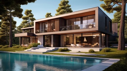 Fototapeta premium Sleek and contemporary villa in Milan or the Italian Riviera, boasting minimalist design, floor - to - ceiling windows, and seamless indoor - outdoor living spaces