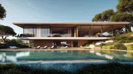 Fototapeta na wymiar Sleek and contemporary villa in Milan or the Italian Riviera, boasting minimalist design, floor - to - ceiling windows, and seamless indoor - outdoor living spaces