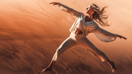 Woman model in dynamic pose against abstract rock background, wide. Generative AI