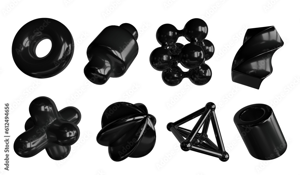 Aufkleber set of abstract shapes with black plastic texture. isolated on white. 3d rendering illustration.