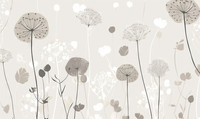  a wall with a bunch of dandelions on it and a white background with a black and white design on the front of the wall.  generative ai