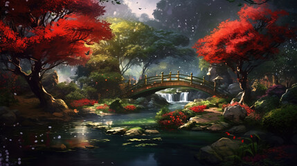 a wonderful impressive asian inspired garden with a big bridge, ai generated image