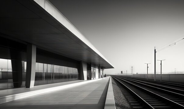  a black and white photo of a train station with a train on the tracks in front of the building and the sky in the background.  generative ai