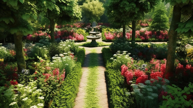 a beautiful garden with majestic style, old century, ai generated image