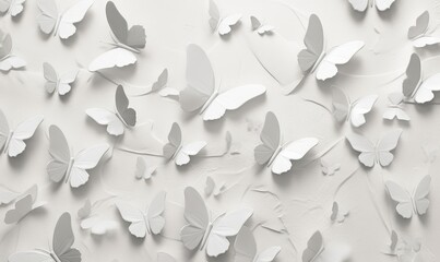  a wall with many white butterflies on it's side and a white background with a white wall in the middle of it and a white wall with a lot of white butterflies.  generative ai