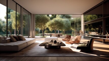 Obraz premium Sleek and contemporary villa in Milan or the Italian Riviera, boasting minimalist design, floor - to - ceiling windows, and seamless indoor - outdoor living spaces
