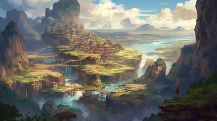 a fantasy fairytale landscape with a lot of waterfalls, concept art, ai generated image