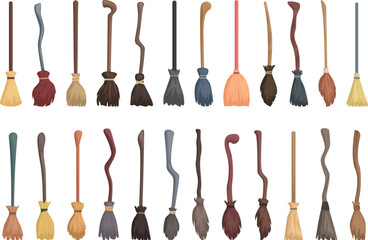 Broomstick icons set cartoon vector. Magic wizard. Wood stick