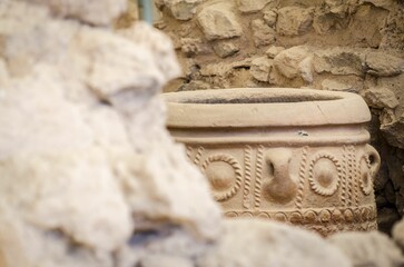 Closeup shot of ancient engraved greek pot.