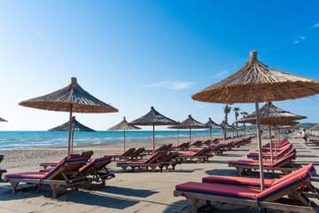 Albania, Spille beach, beach umbrella, Adriatic sea - obrazy, fototapety, plakaty