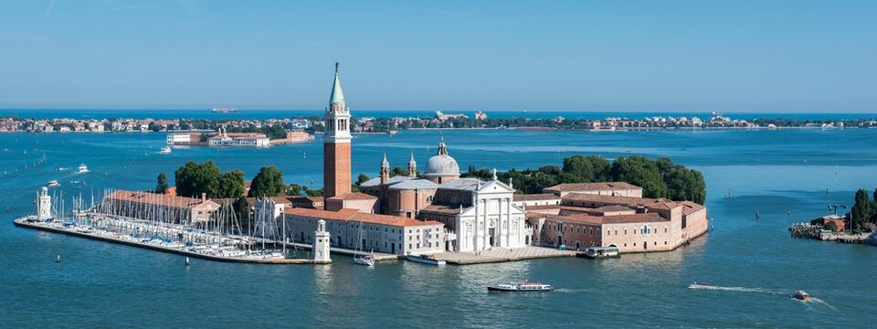 Drone view of Cini foundation in San Giorgio Maggiore Island of Venice, Italy
