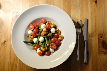 Top view of the healthy and delicious salad with vegetables and shrimps