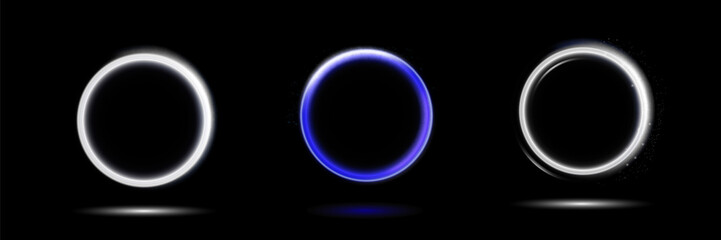 Neon swirl. Curve blue line light effect. Abstract ring background with glowing swirling background. Energy flow tunnel. Blue portal, platform. Magic circle vector.
