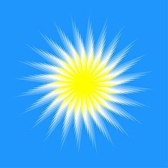 Obraz premium Bright vector sun icon isolated on blue background. Rising sun, sunrise or sunset, dawn, sunshine and solar glow. The sun is shining. Decorative circle full and half sun and sunlight. 