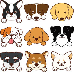 Set of outlined various cute dog faces with paws