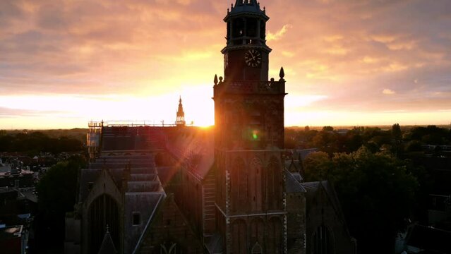 Aerial drone footage of the Saint-John Church in Gouda, Netherlands