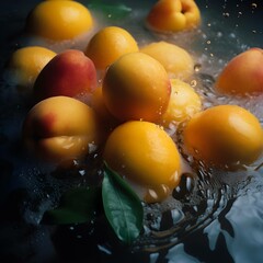 Creative concept of peach on the turquoise background. Exotic fruits and leaves. Food concept.
 ,Generative AI