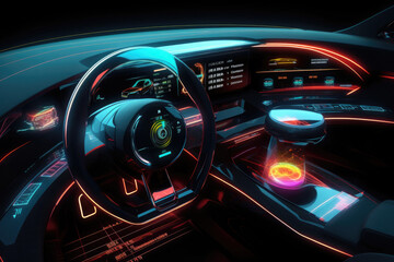 Obraz na płótnie Canvas Futuristic autonomous vehicle cockpit. Interior of unmanned car cockpit with digital screens. Created with Generative AI