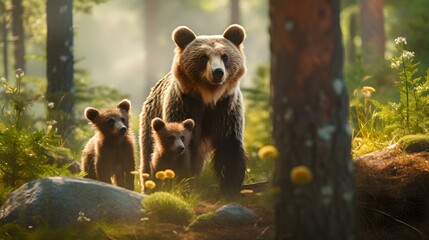 A Brown Bear Mother and her Cubs in the Forest