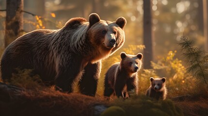 A Brown Bear Mother and her Cubs in the Forest