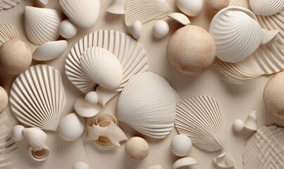 Fototapeta na wymiar a group of shells on a white surface with a pattern of shells on the bottom of the image and the bottom of the image of the shells on the bottom of the image. generative ai