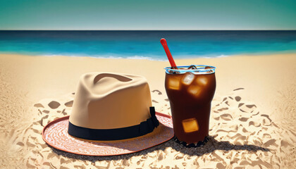 Fototapeta na wymiar image of a hat and a glass with cola and ice on the sand on the beach