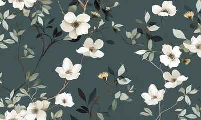  a floral wallpaper with white flowers and green leaves on a dark green background, with a gold and black border, is shown in the center of the image.  generative ai