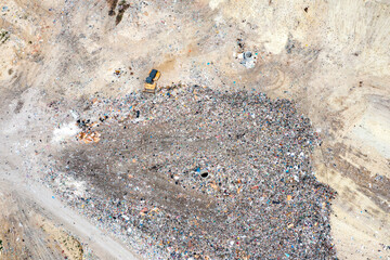 Aerial top view of a city garbage dump. Waste Disposal Facility