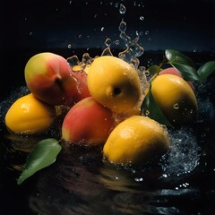 Creative concept of peach on the turquoise background. Exotic fruits and leaves. Food concept. ,Generative AI
