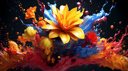 Obraz na płótnie Canvas Beautiful abstraction of bright mixed colors of paints and flowers on a dark background.