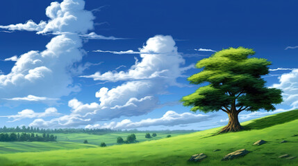 Obraz premium a giant wise old tree at a hill, anime artwork, ai generated image